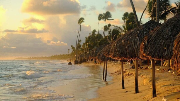 A beach with thatched-roof structures, palm trees, and a sandy shoreline. - New Chic 2BR APT. (Punta Cana)