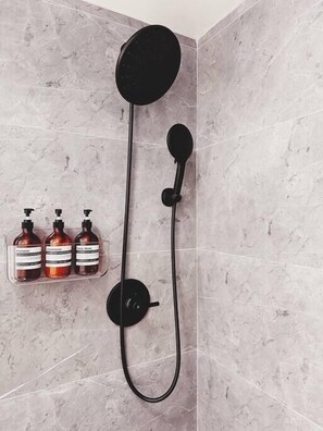 Regadera, secadora de cabello, shampoo 