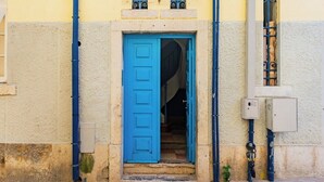 Ein Gebäudeeingang mit einer blauen Tür, einer zur Eingangsseite führenden Treppe und einem Verteilerkasten an der Wand.
