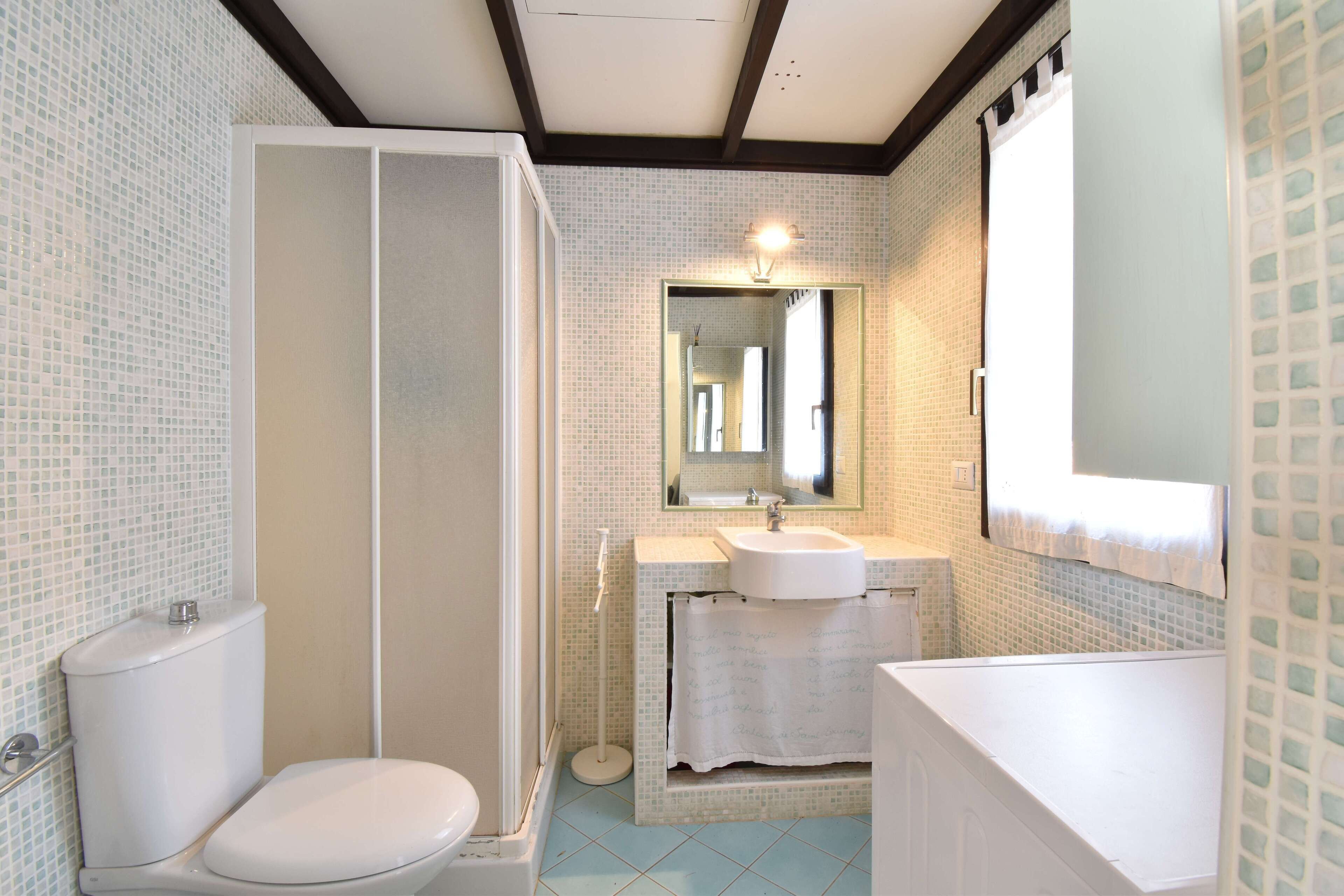 Une salle de bain avec des toilettes, un lavabo et une douche.