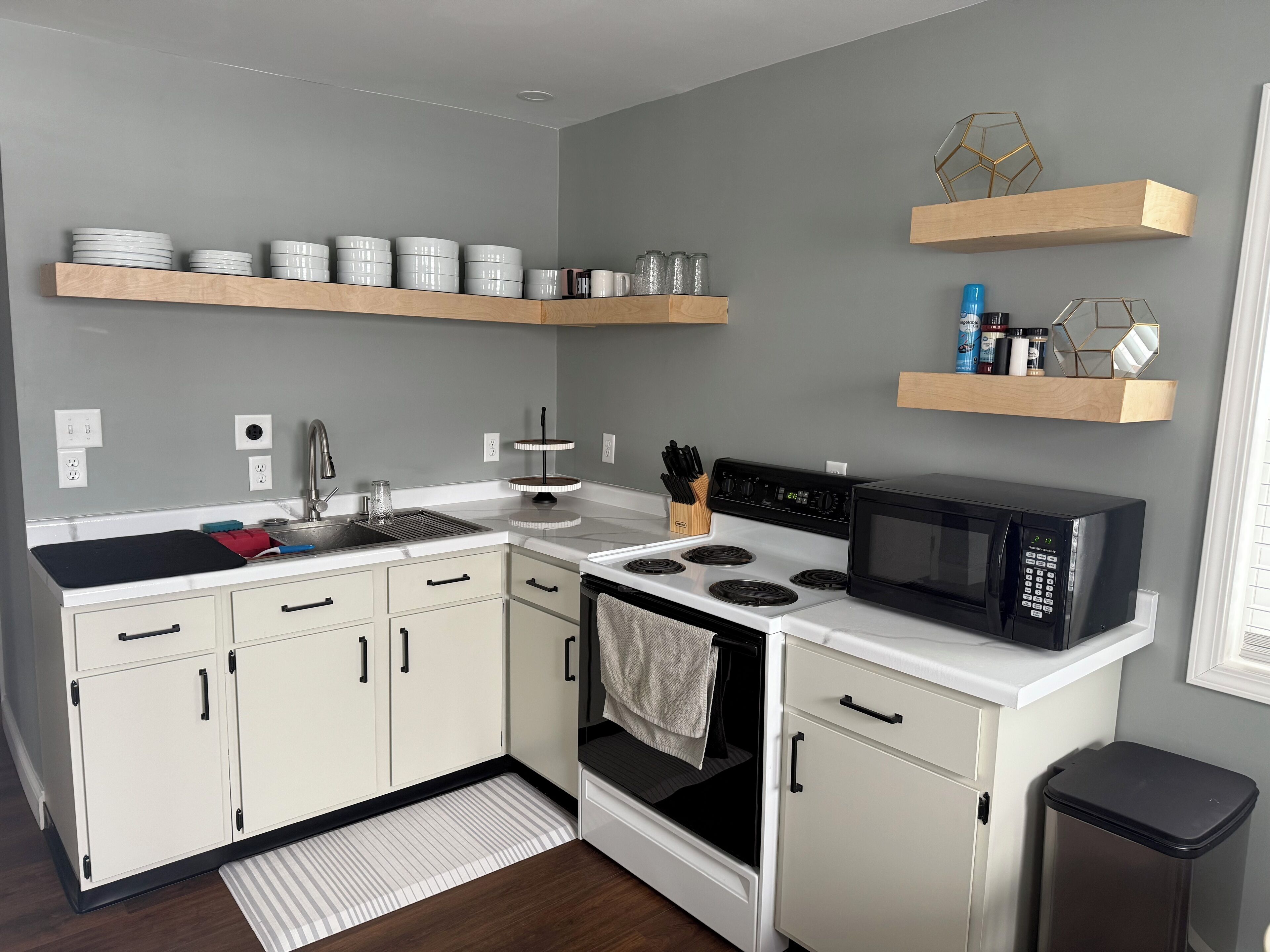 Fridge, microwave, oven, coffee/tea maker