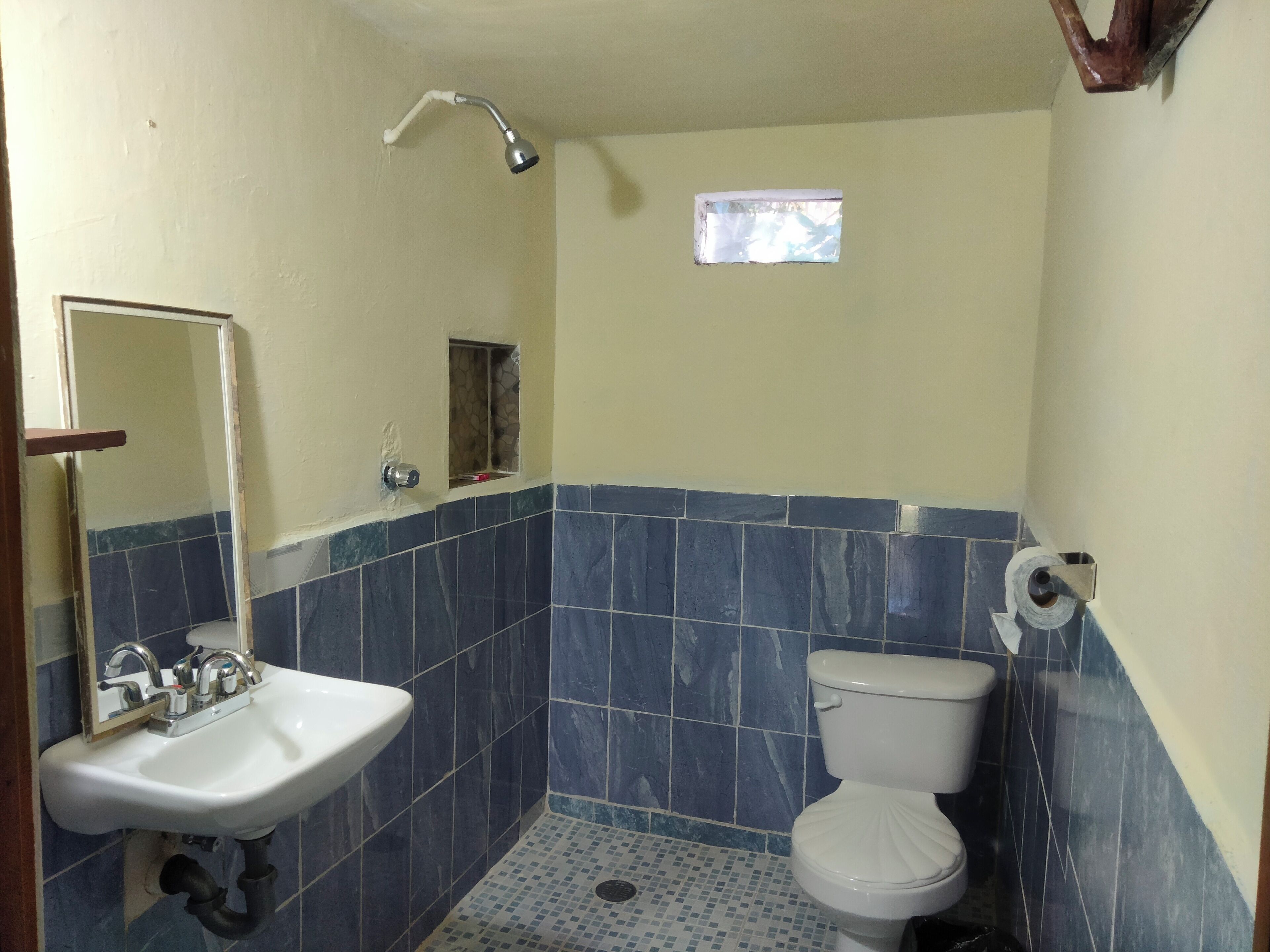 Une salle de bain équipée d’un lavabo, d’un miroir, d’une douche et de toilettes.