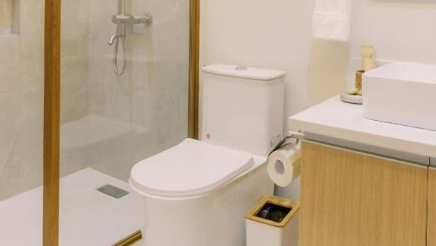 A modern bathroom with a glass-enclosed shower, a toilet, a sink, and a mirror. - Palms La Union Suites (San Juan)