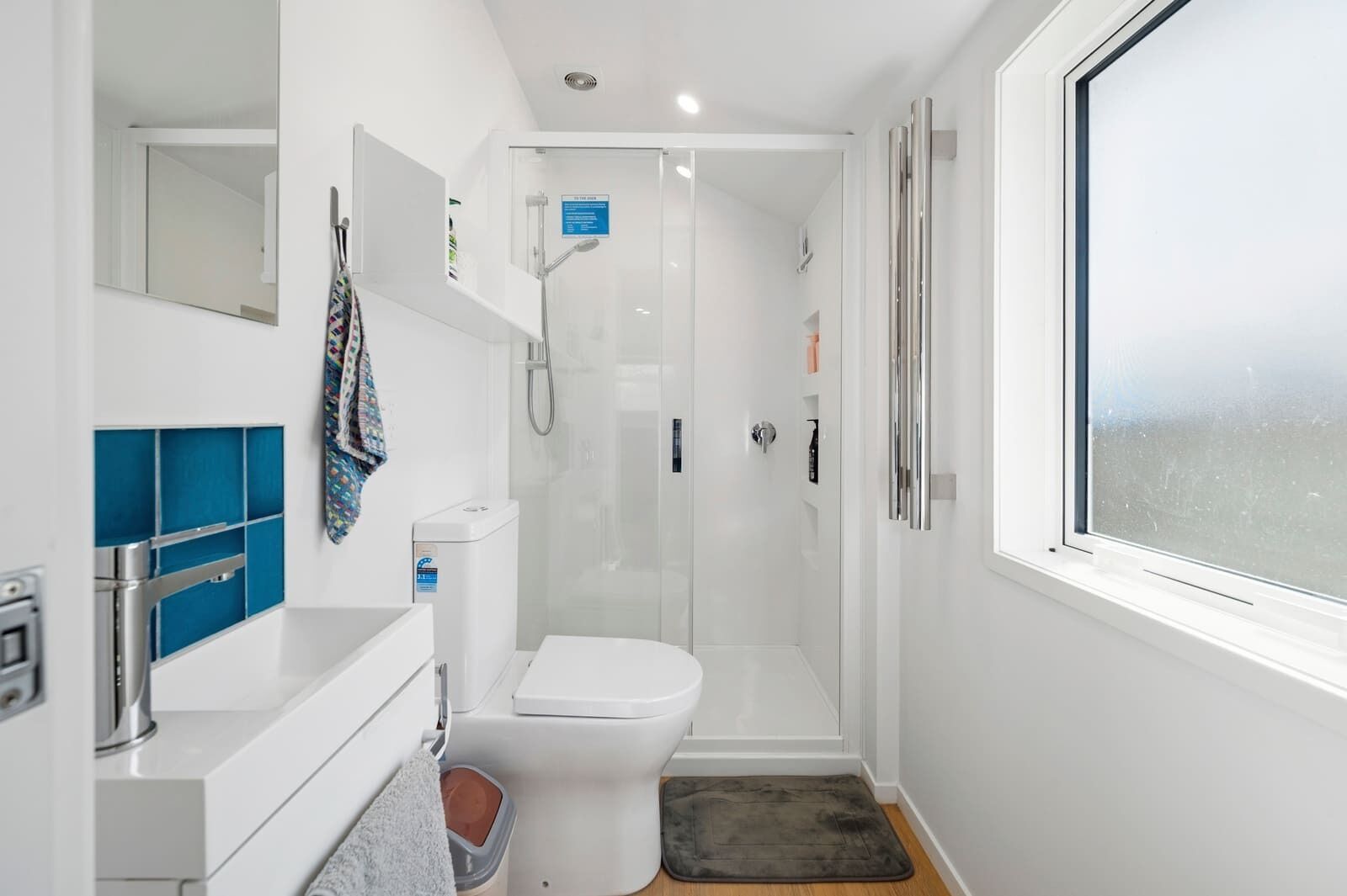 Shower, hair dryer, shampoo