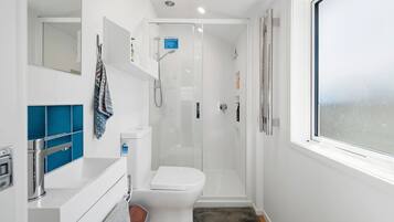 Shower, hair dryer, shampoo