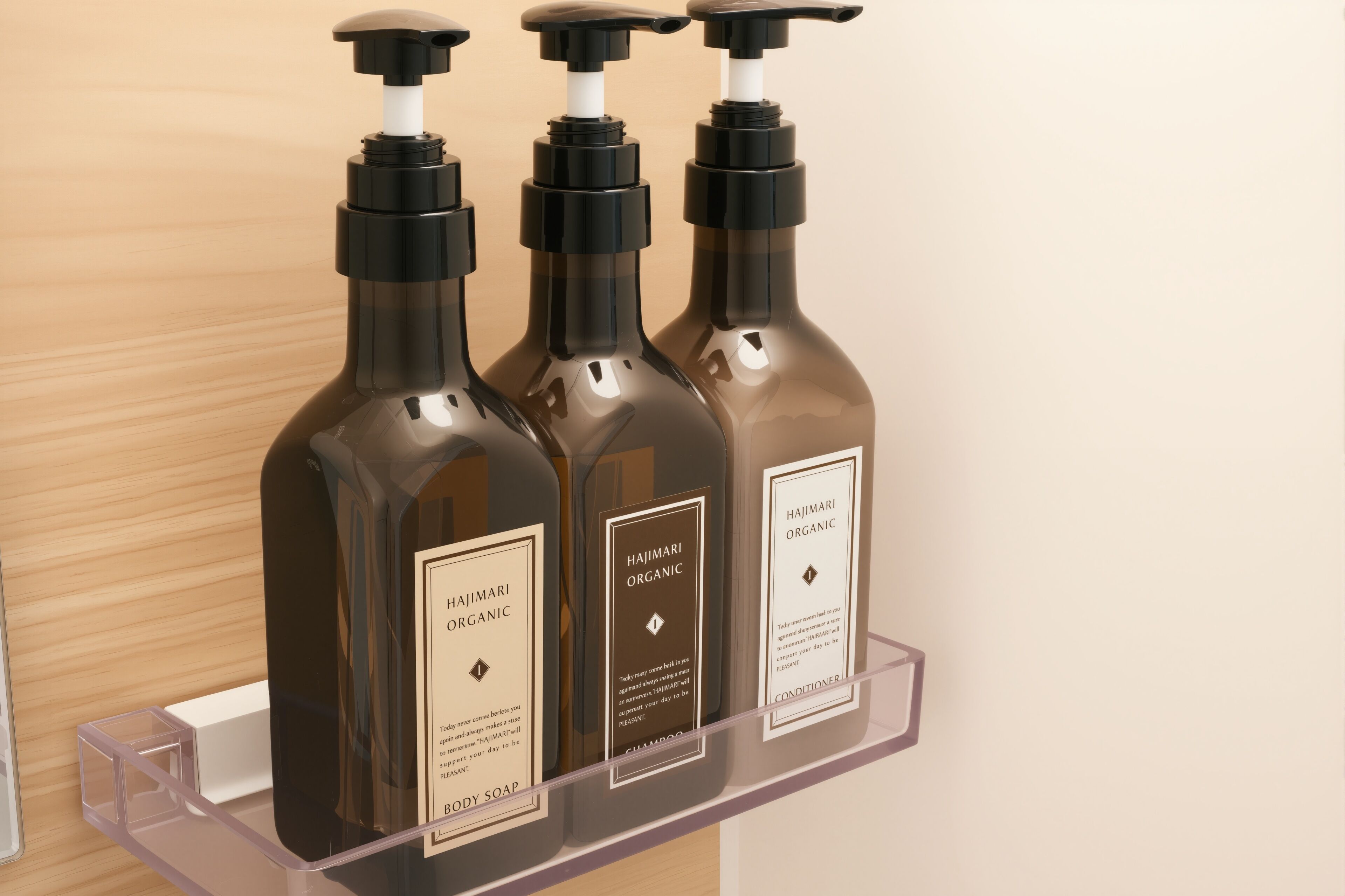 Three bottles of Hajimari Organic body soap and conditioner on a transparent shelf.