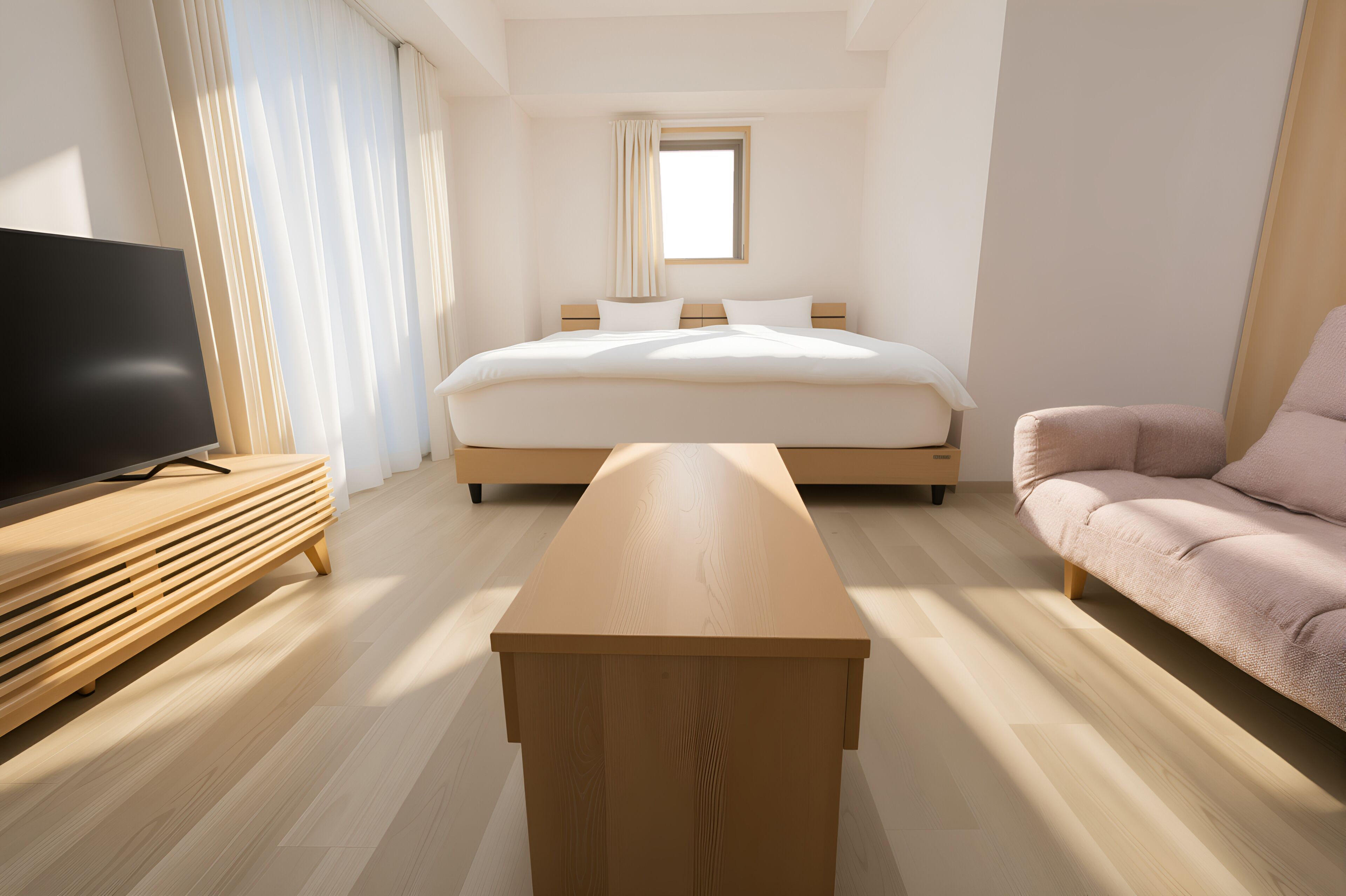 A modern hotel room with a bed, a TV, a wooden coffee table, and a sofa.
