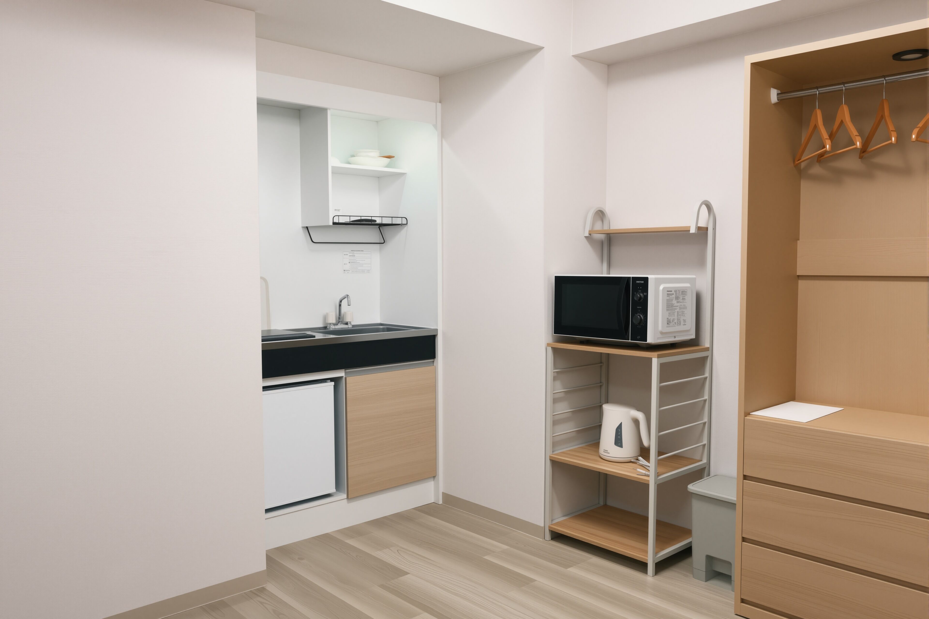 Mini-fridge, microwave, stovetop, cookware/dishes/utensils