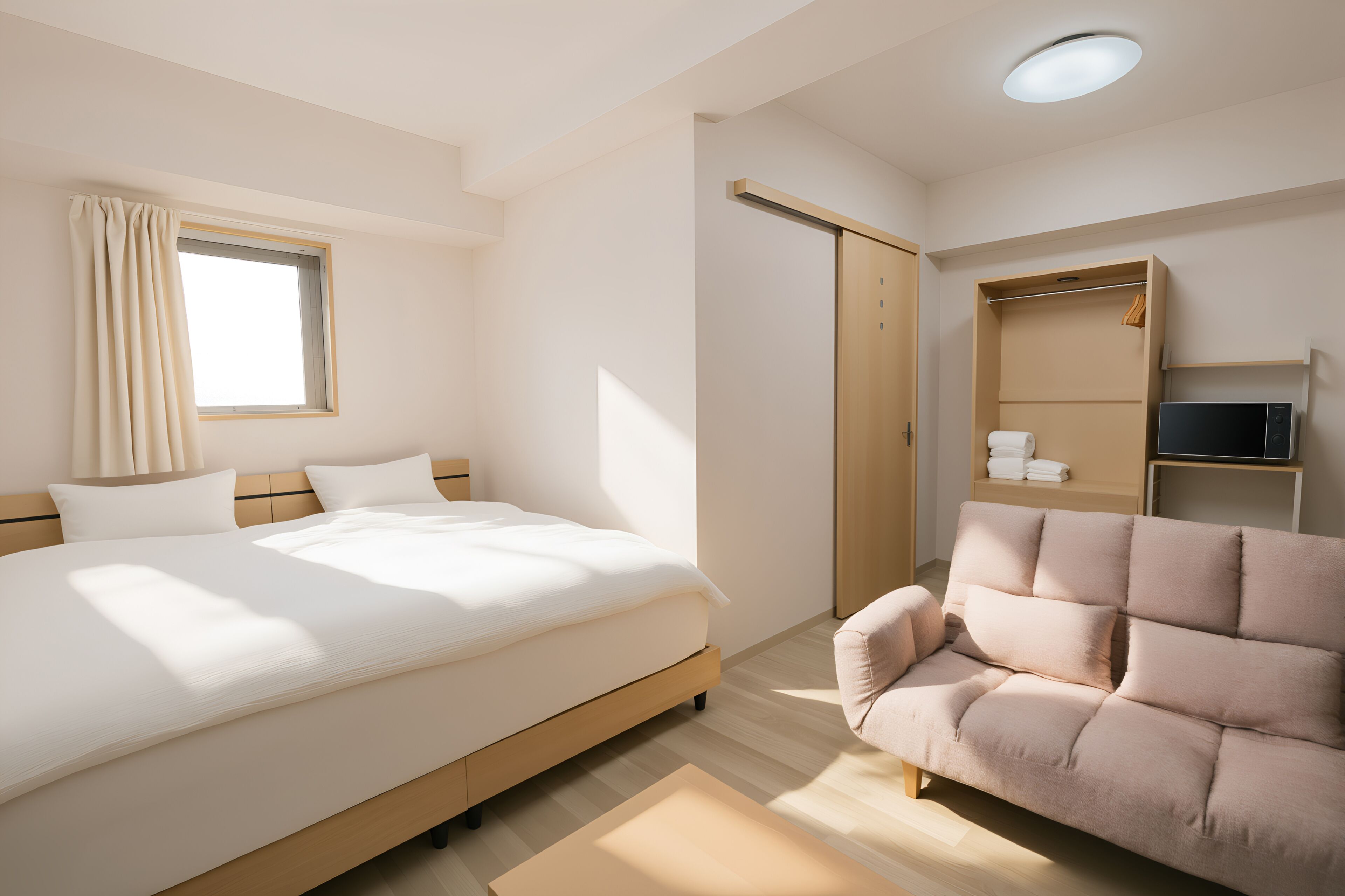 A bedroom with a bed, a chair, a wardrobe, and a television.