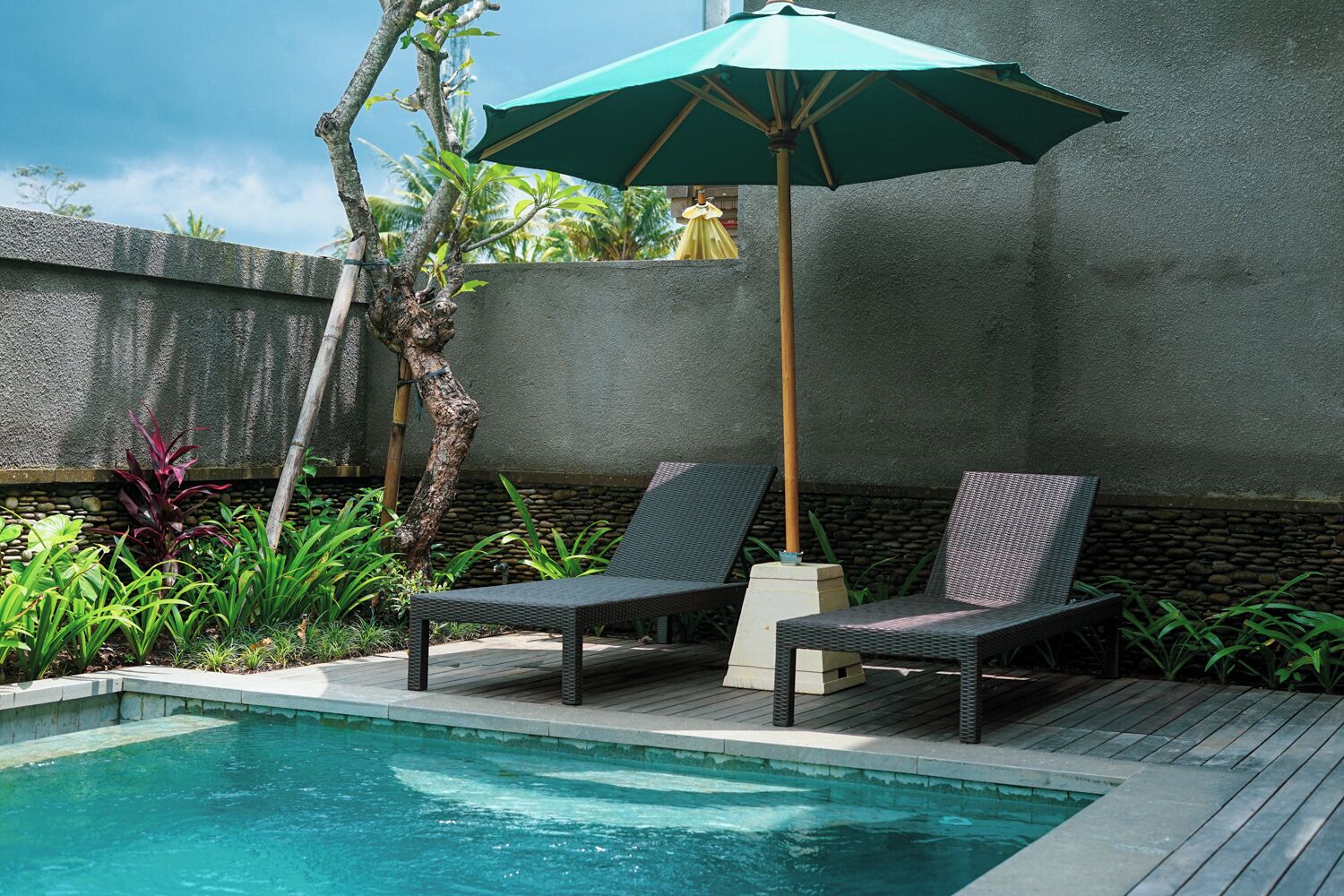A poolside area with two lounge chairs and a green umbrella.