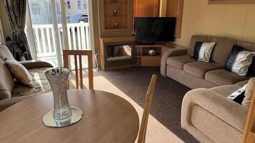 Una televisión, una chimenea