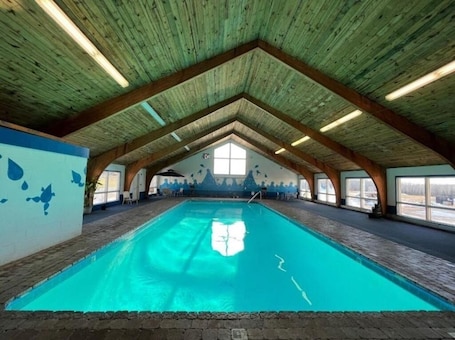 An indoor swimming pool with a high, wooden ceiling and a view of the outside through large windows.