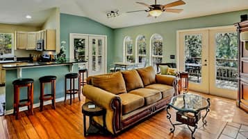 Smart TV, fireplace, DVD player, books