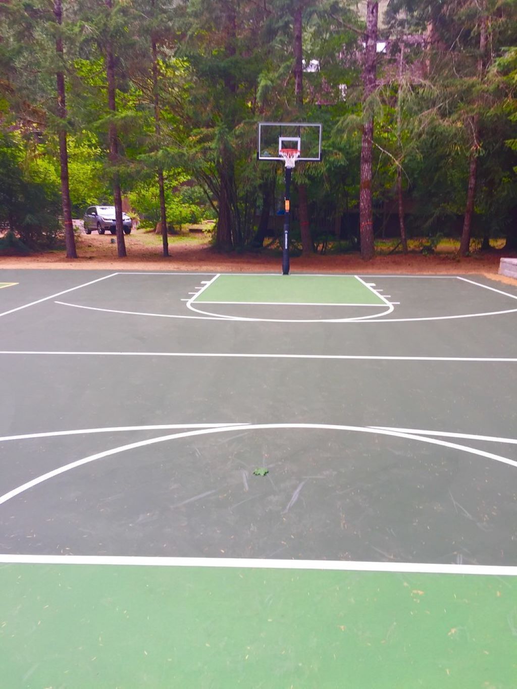 An outdoor basketball court surrounded by trees.