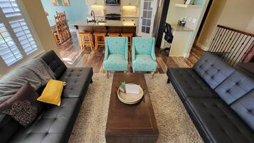 Smart TV, fireplace, books