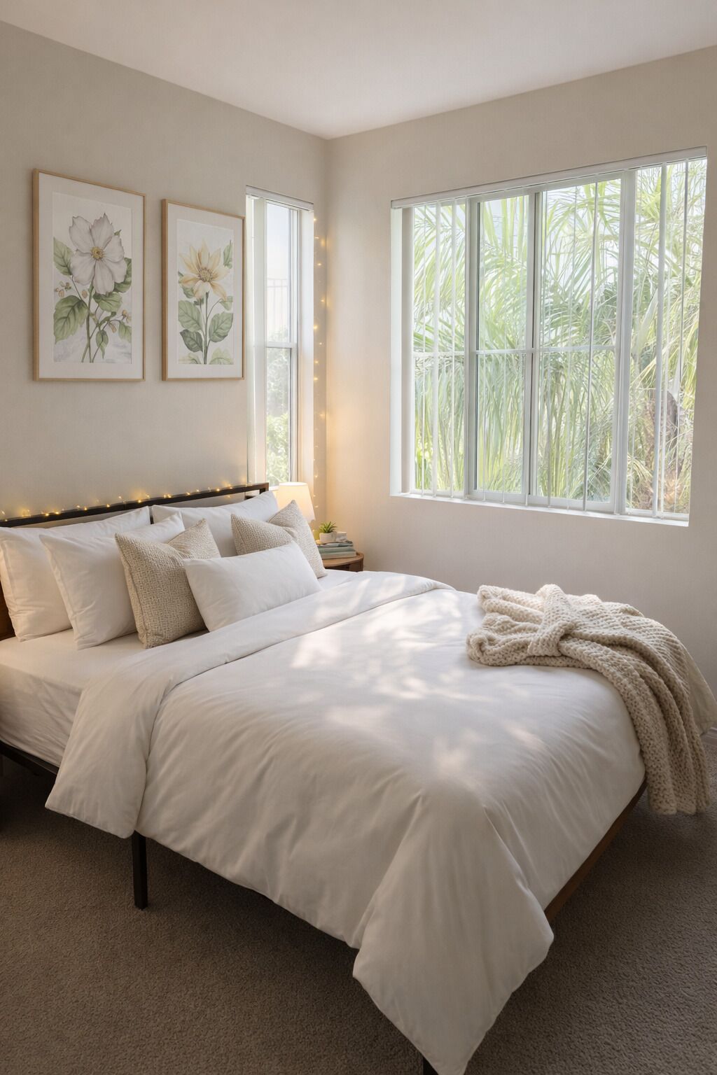 A bedroom with a large bed, two framed botanical prints on the wall, a nightstand, and a window with a view of palm trees.