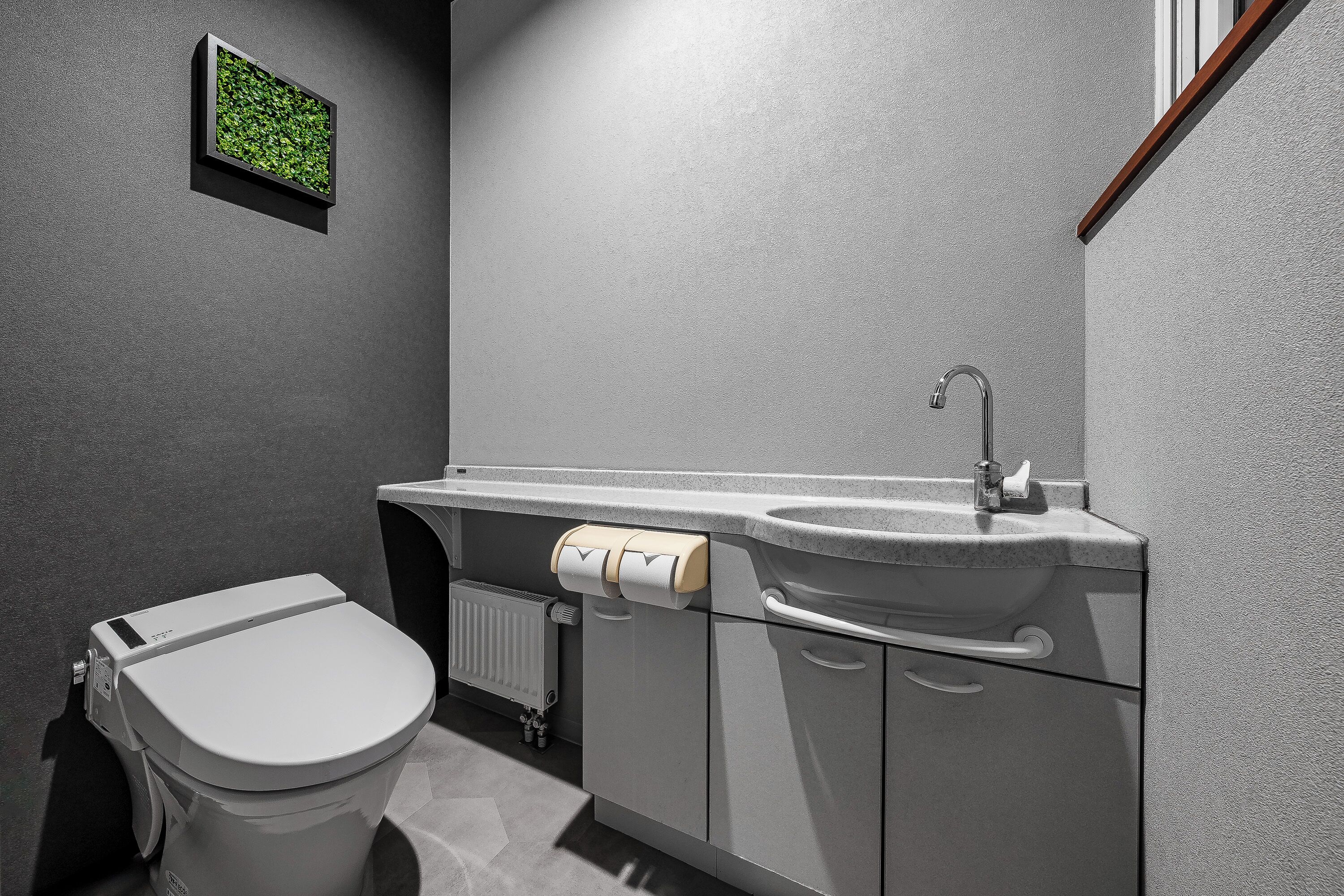 Une salle de bain moderne avec des toilettes, un lavabo et une petite plante verte accrochée au mur.