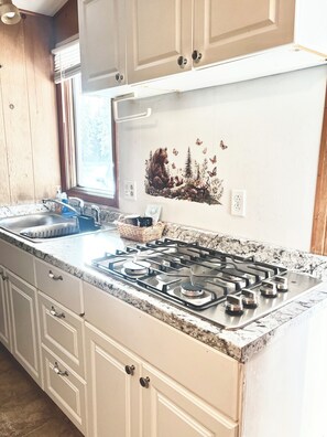 Fridge, microwave, stovetop, cookware/dishes/utensils - Cozy Studio Cabin in Kasilof – Comfort Close to Nature (Kasilof)