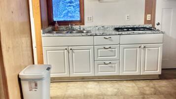 Kühlschrank, Mikrowelle, Herdplatte, Kochgeschirr/Geschirr/Besteck