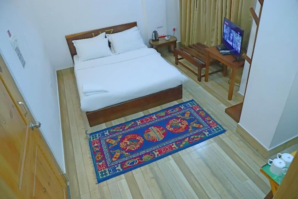 Une chambre à coucher avec un lit, une table de chevet en bois, une télévision et un tapis coloré.