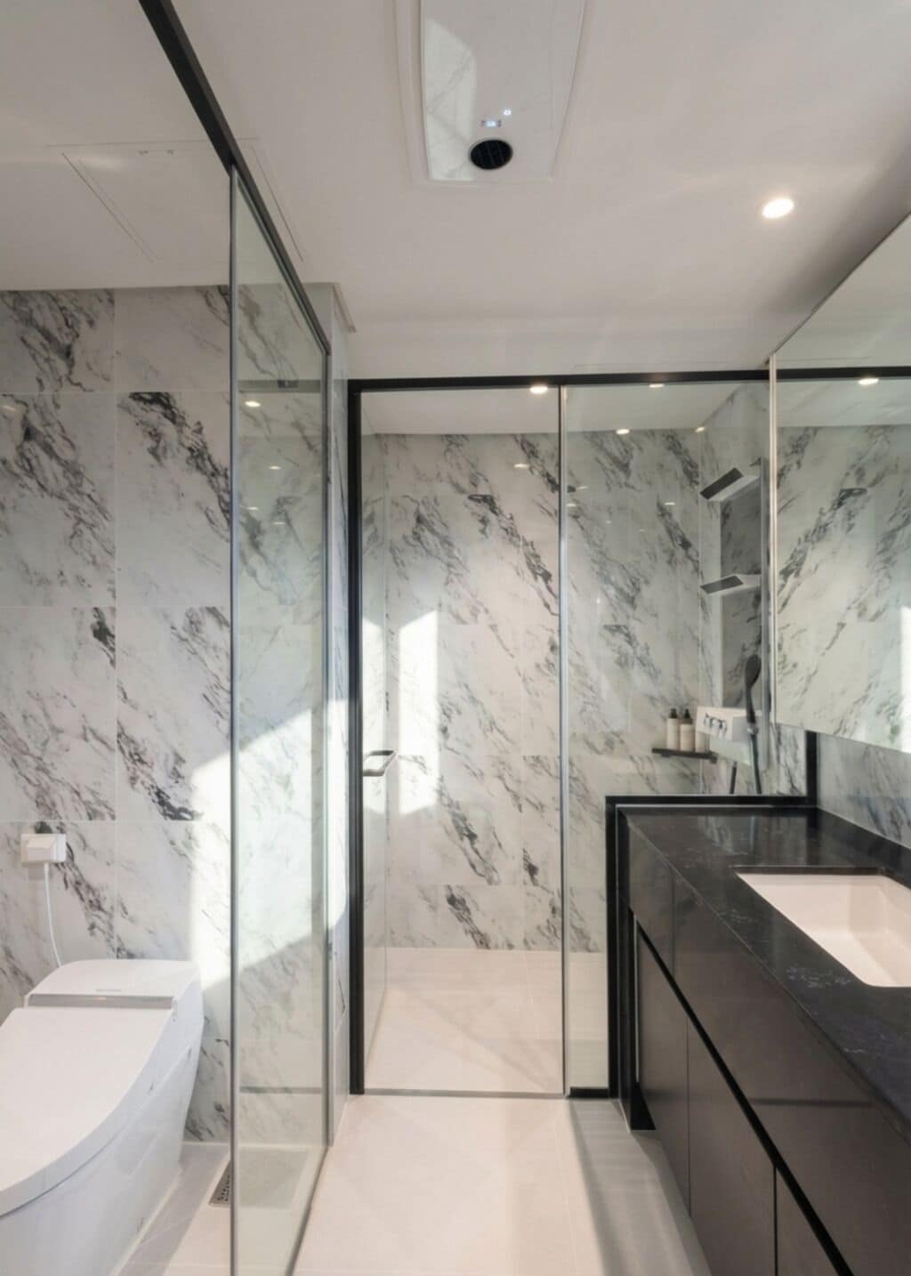 A modern bathroom with a glass shower enclosure, marble walls, and a black countertop.