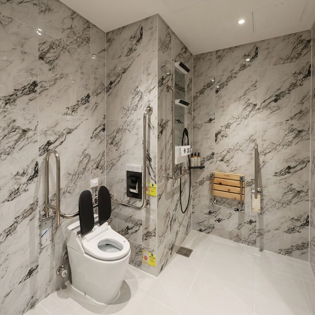 A modern bathroom with a marble wall, a toilet, a shower, and a grab bar.