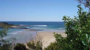 Paesaggio costiero con spiaggia sabbiosa, onde oceaniche e fitta vegetazione.