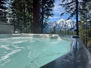 Una vasca idromassaggio con vista sulle montagne, immersa nel verde.