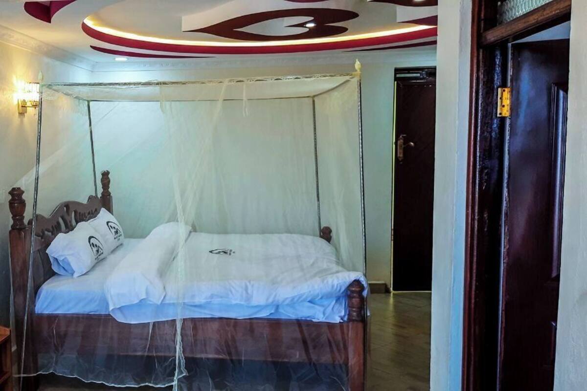 A single bed with a canopy, a bedside table, and a wall-mounted light fixture.