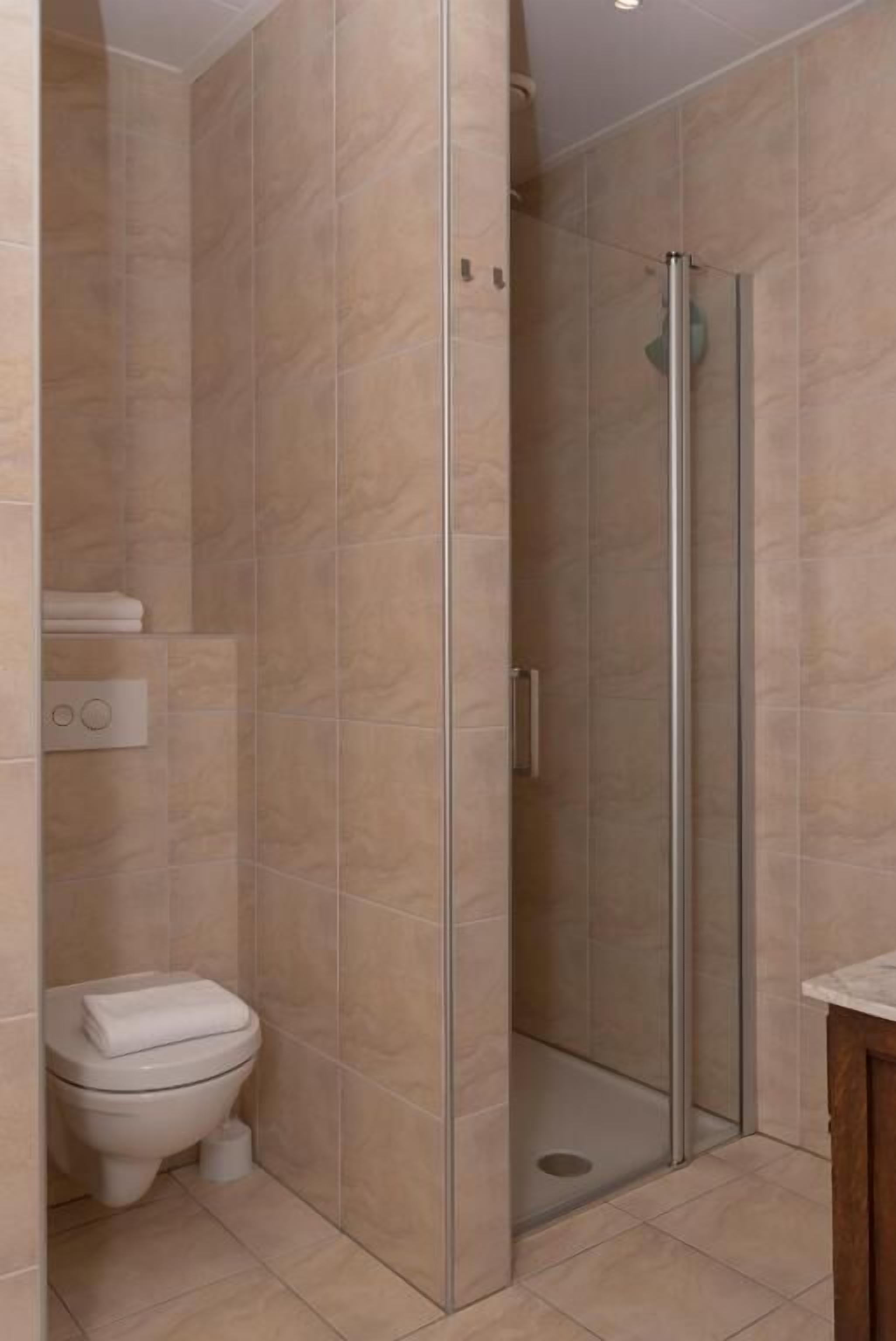 Un baño con ducha de vidrio, inodoro y lavamanos.