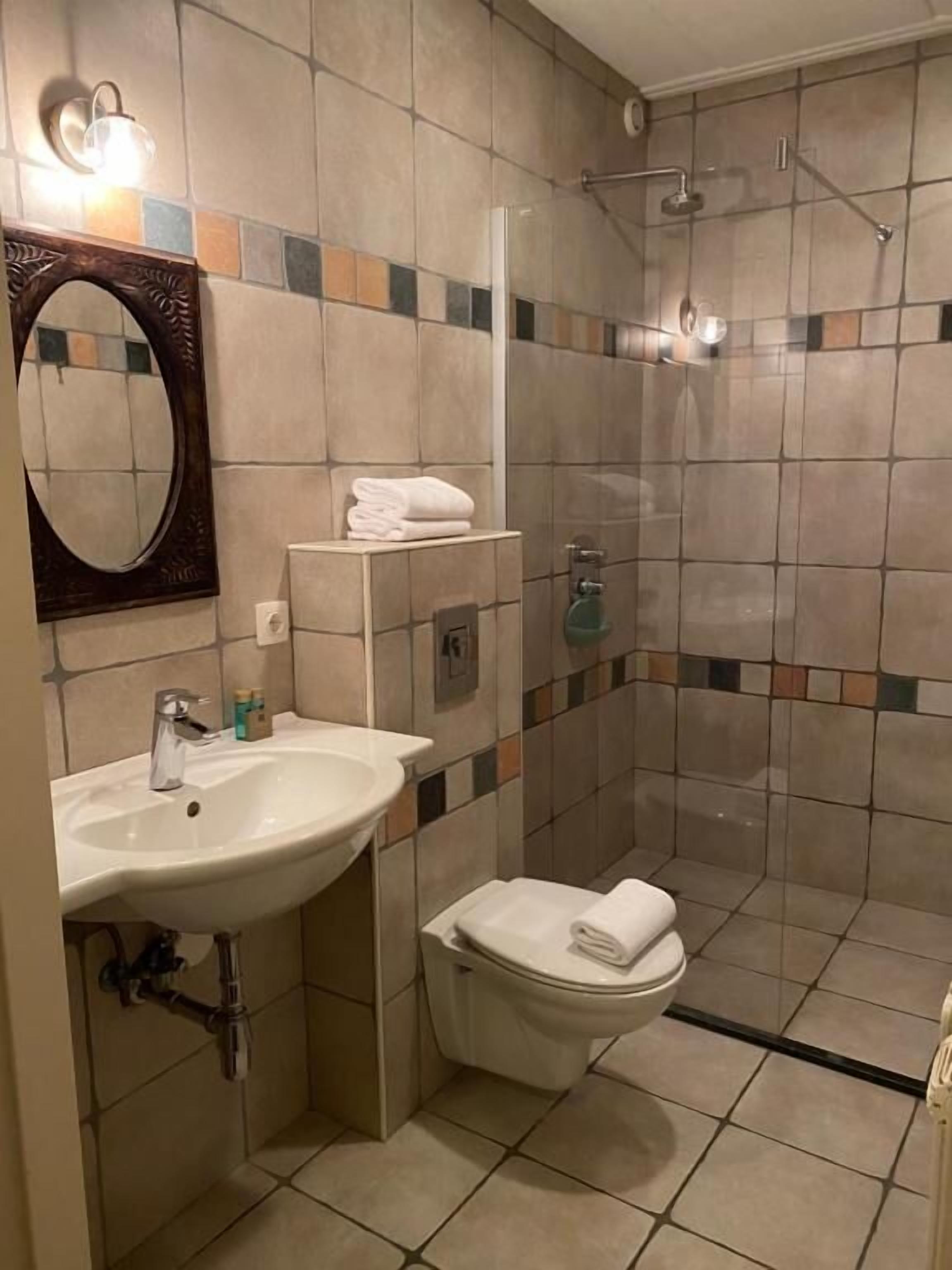 A bathroom with a sink, mirror, toilet, and shower.