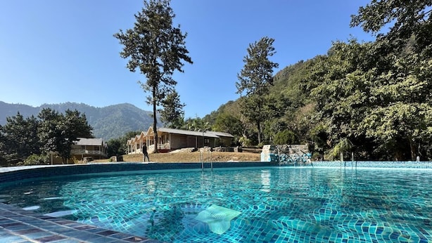 Une piscine aux carreaux bleu clair, entourée d’arbres et avec une montagne en toile de fond.