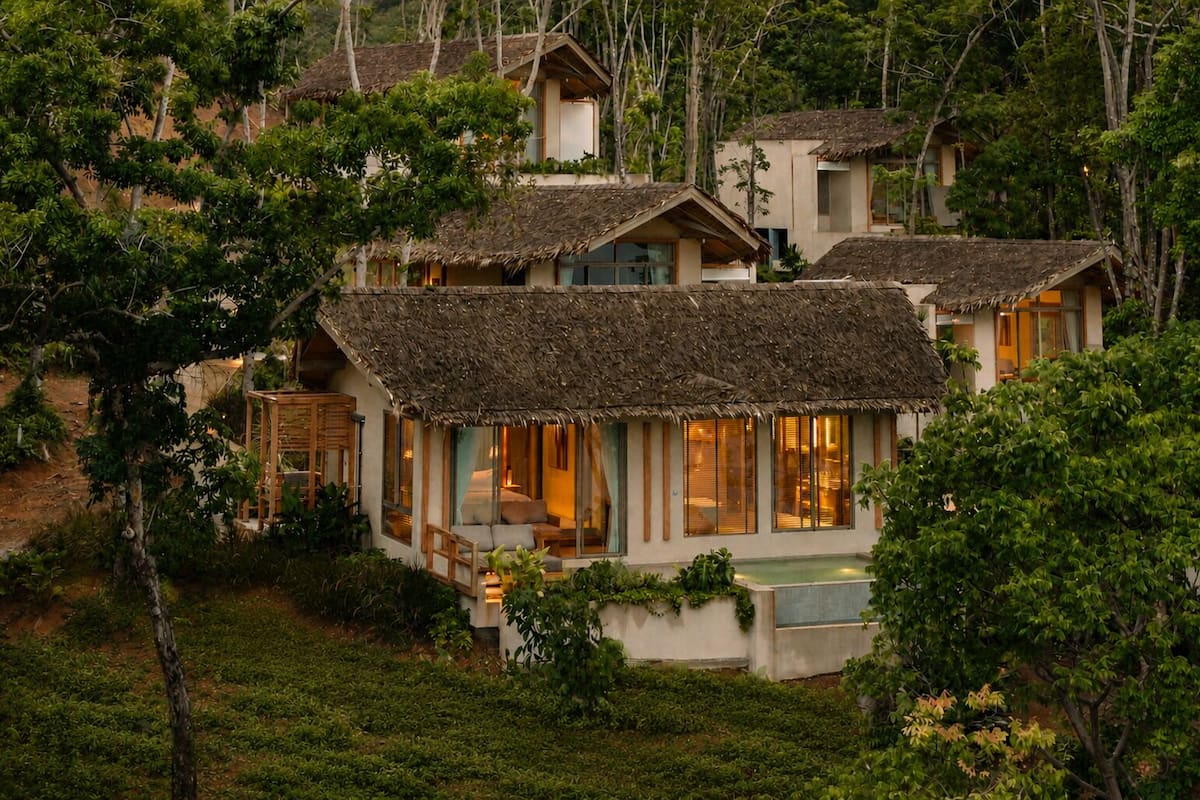 Un bungalow doté d’un toit de chaume, entouré d’une végétation luxuriante.