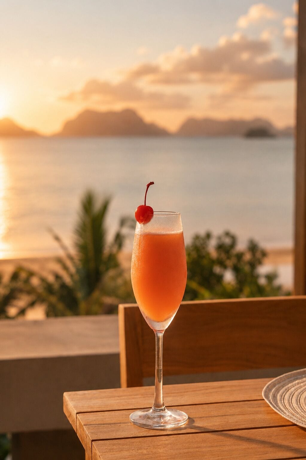 A cocktail glass with a cherry on a wooden table with a view of the sea and mountains.