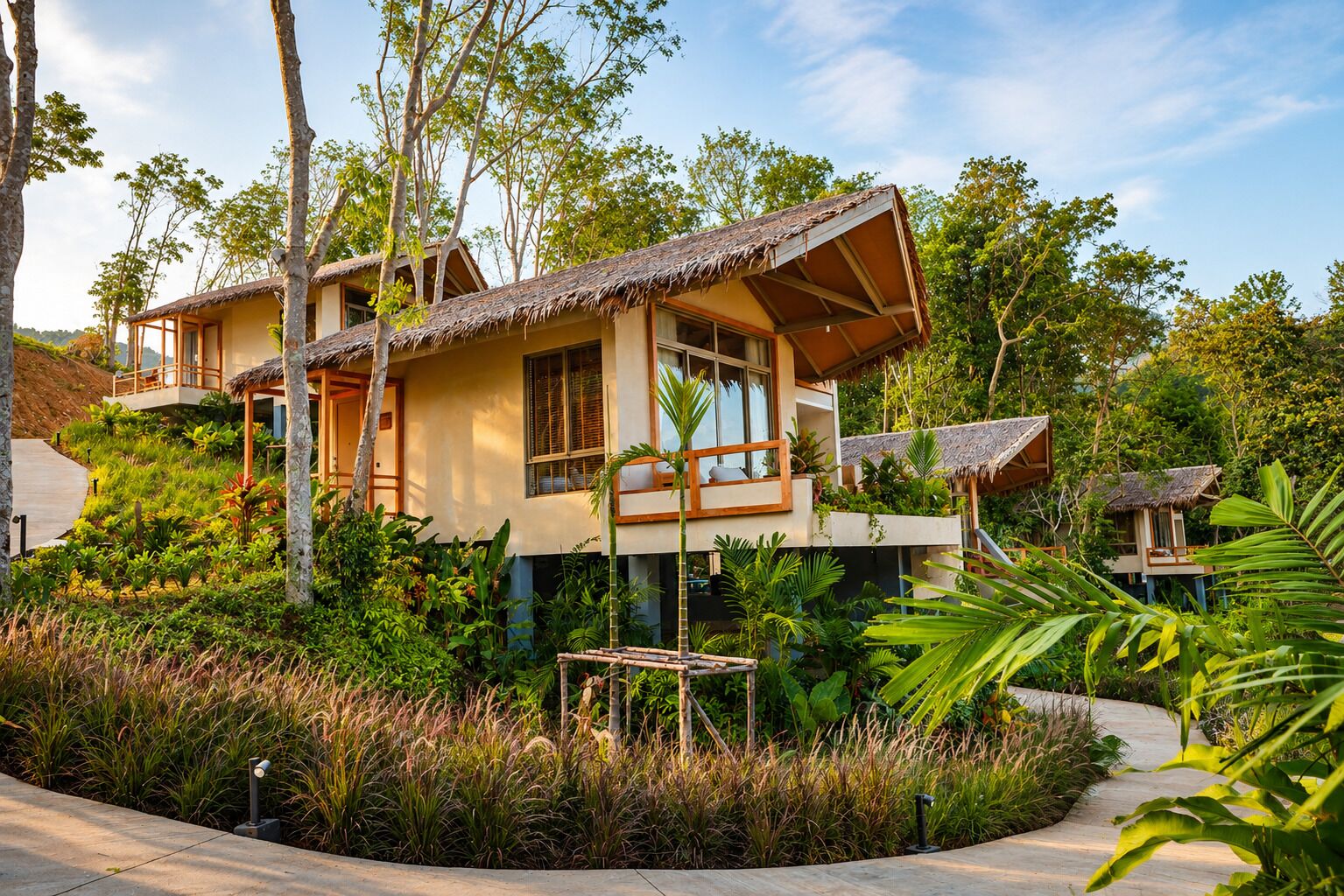 A two-story building with a thatched roof, surrounded by lush greenery and a paved walkway.
