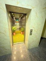 Entrada de ascensor con paredes de mármol y una zona alfombrada de color verde con plantas en macetas.