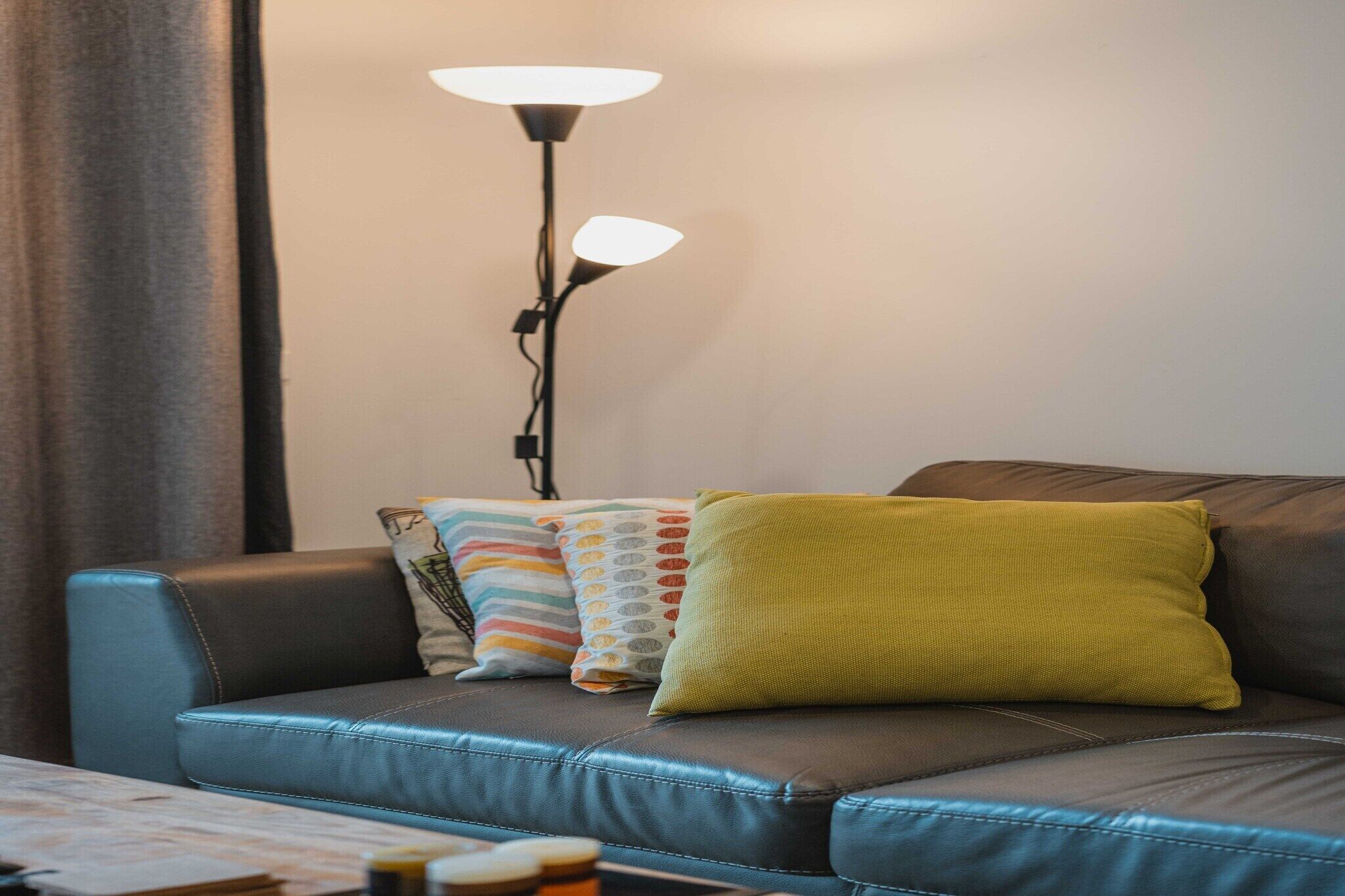 Un salon moderne avec un canapé en cuir, une lampe sur pied et des coussins aux couleurs vives.