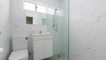 Shower, hair dryer, towels