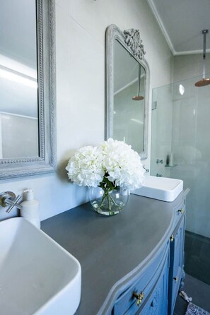 Shower, hair dryer, towels, soap