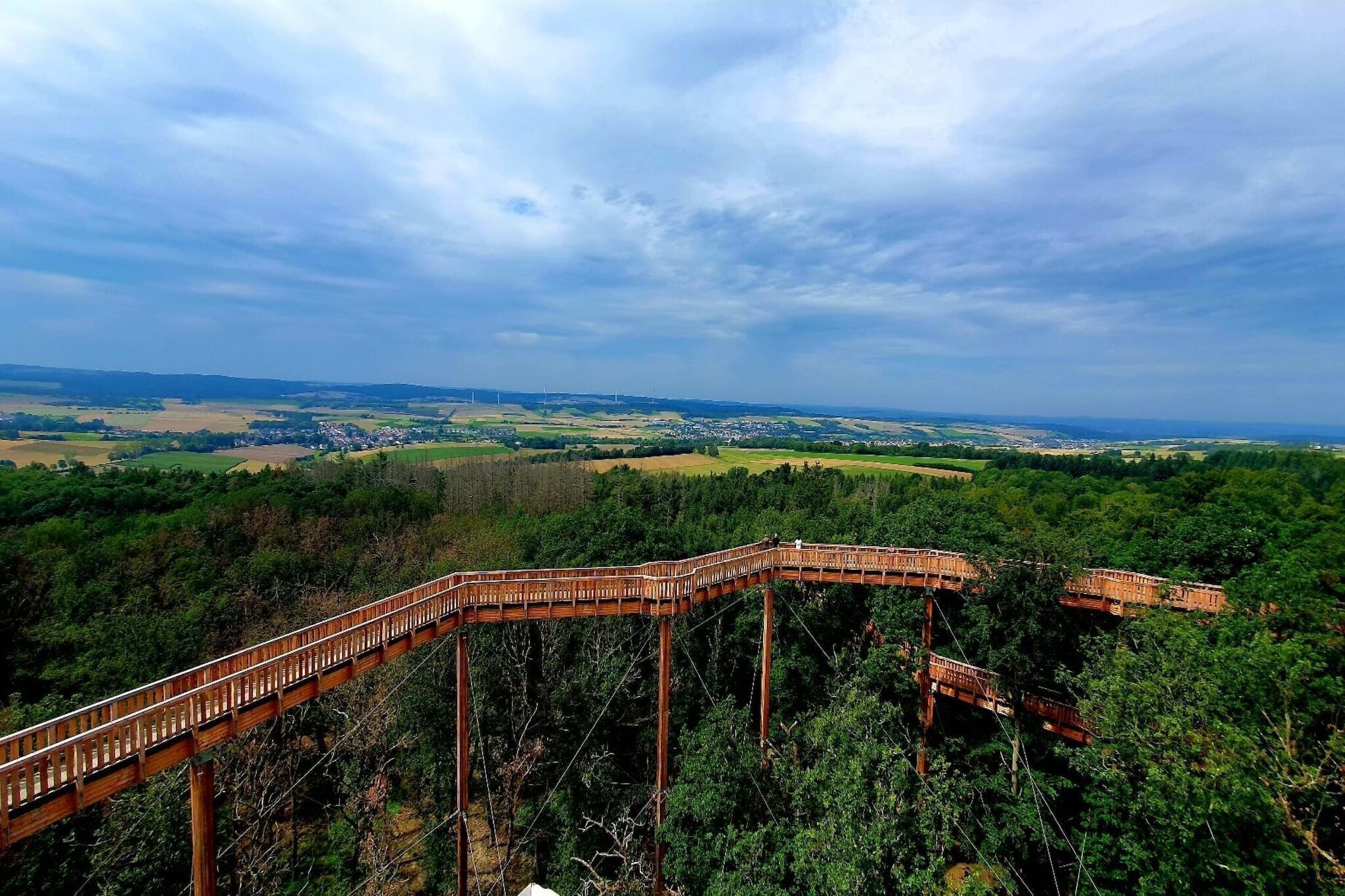 Un pont en bois à la structure incurvée, qui enjambe une zone boisée et offre une vue sur des champs lointains et un ciel nuageux.