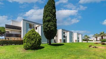 Un edificio residenziale moderno con un prato curato e un alto albero a cono in primo piano.