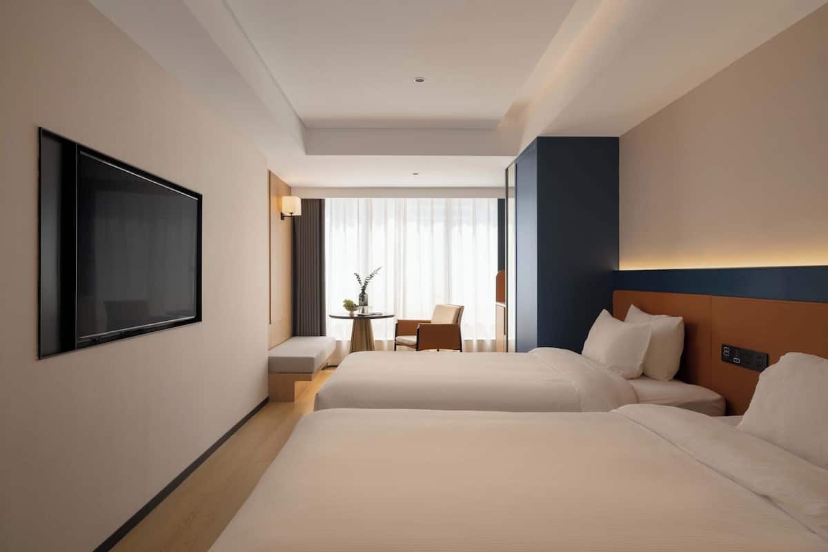 A hotel room with two beds, a TV, a small table with a plant, and a window with curtains.