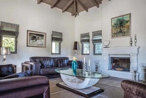 TV, fireplace - Pomegranate Tree Villa with private pool and jacuzzi. (Kato Katelios)