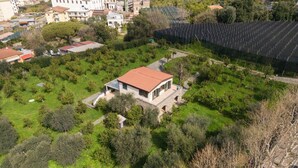 Une maison moderne avec un toit rouge, entourée d’une végétation luxuriante et dotée d’un grand ensemble de panneaux solaires.