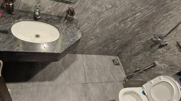 Shower, towels, toilet paper