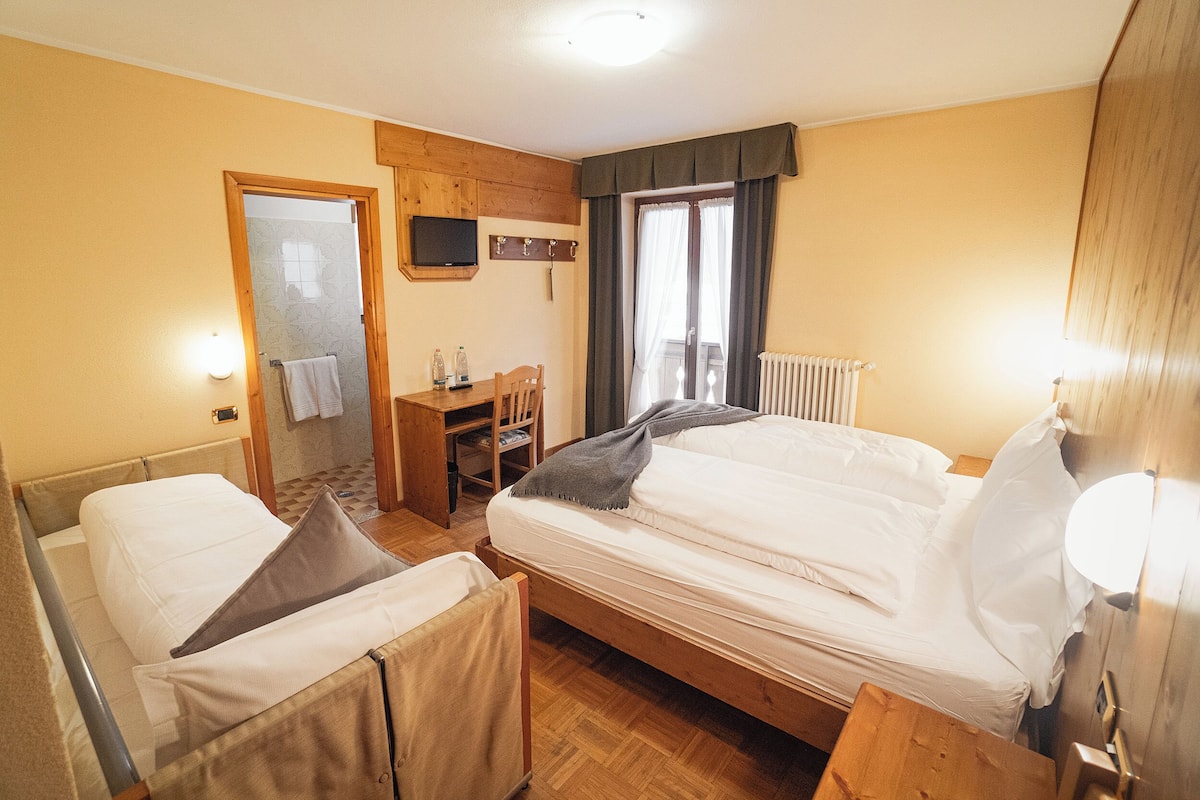 Habitación de hotel con cama, escritorio, silla, televisor y ventana con cortinas.