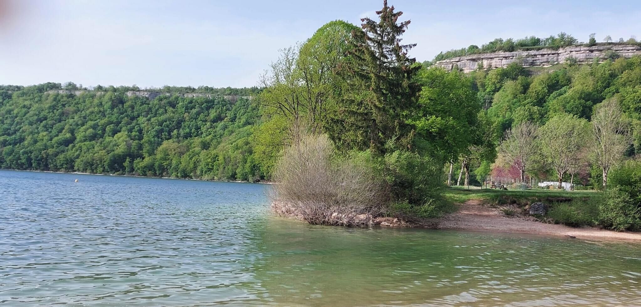 A lake with a forested shoreline and a distant rocky cliff.