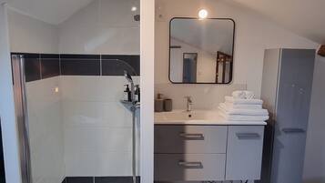 Shower, hair dryer, towels, soap