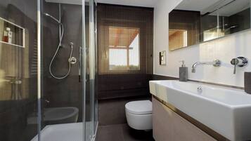 Shower, hair dryer, bidet, towels