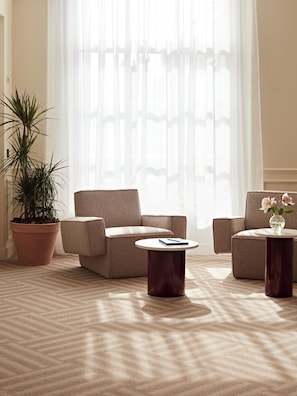 A room with a sofa, a coffee table, and a potted plant.